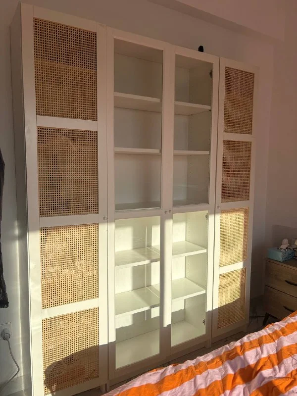White Cabinet with Rattan and Glass Doors