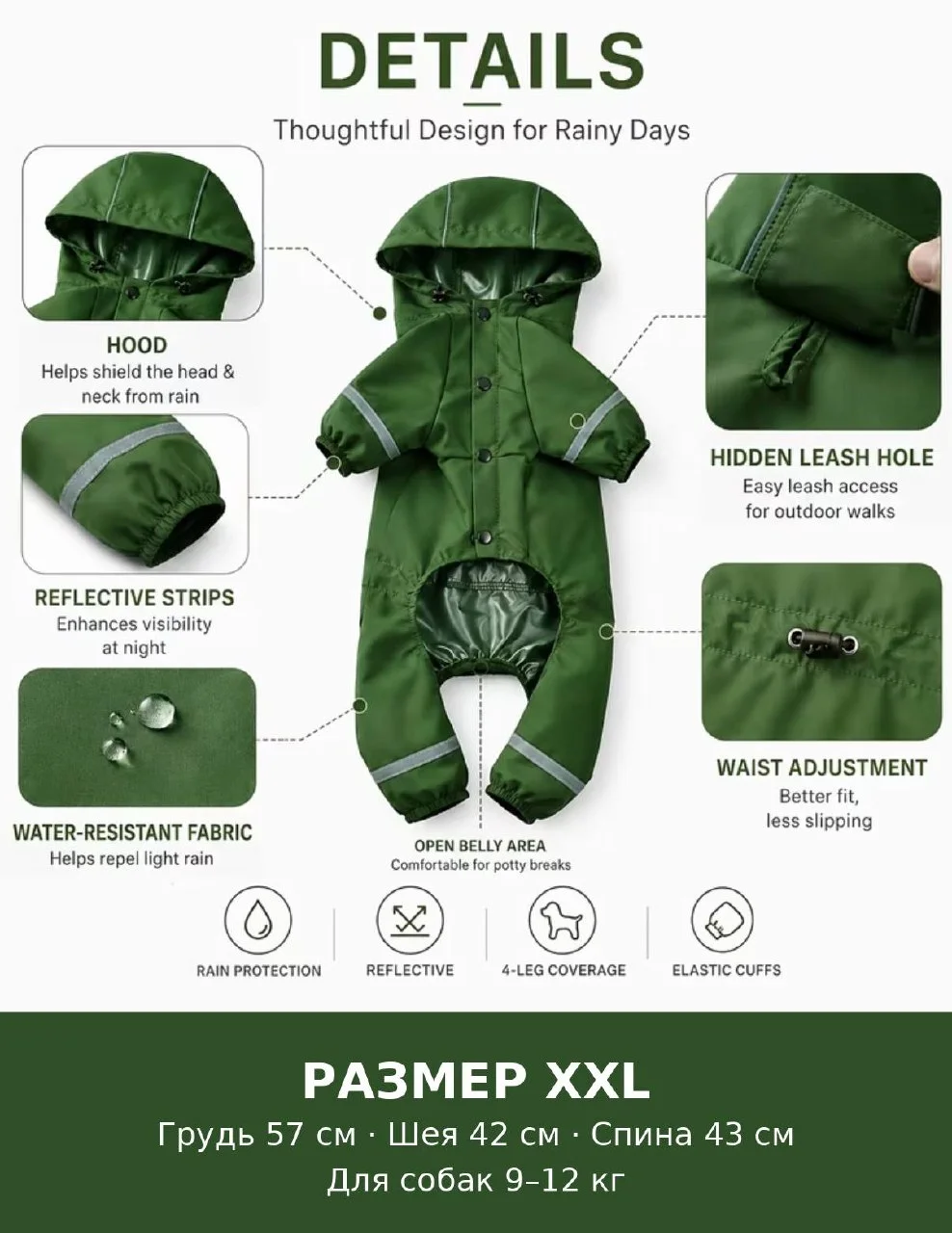 Дождевик для собаки XXL, зелёный